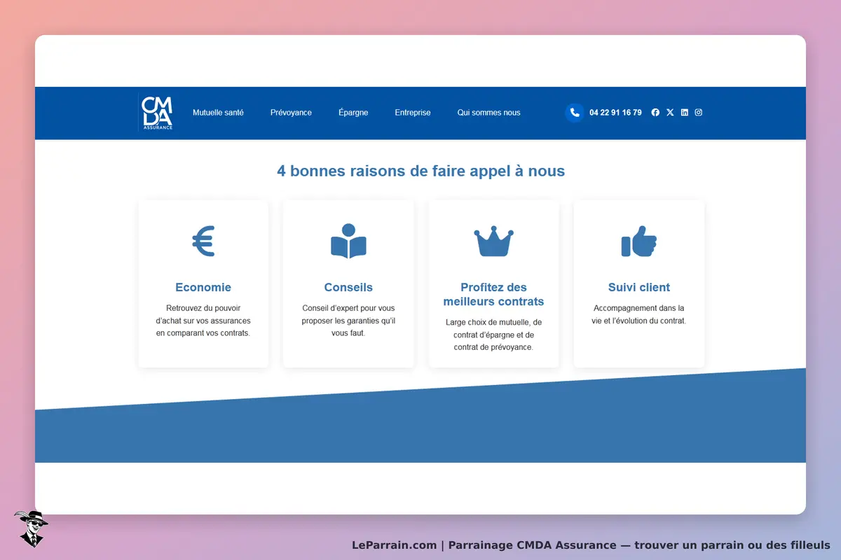 CMDA Assurance : page d'accueil présentant quatre raisons de faire appel à leurs services