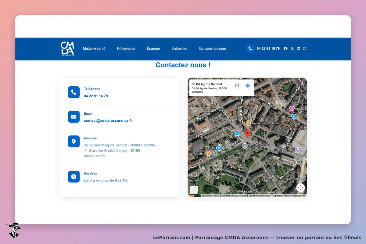 CMDA Assurance : informations de contact avec carte et horaires d'ouverture