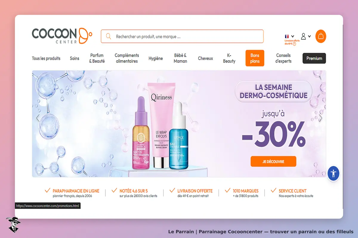 Cocooncenter : page d'accueil avec produits cosmétiques et informations sur promotions