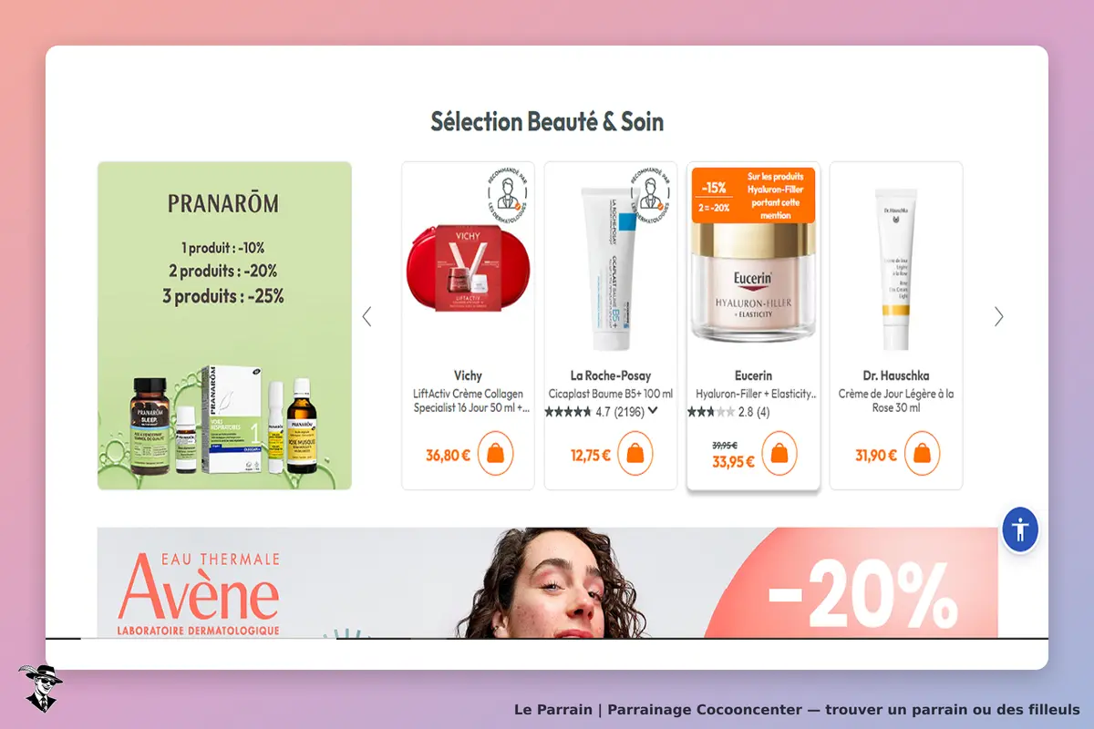 Cocooncenter : sélection de produits de beauté et soins avec marques et prix affichés