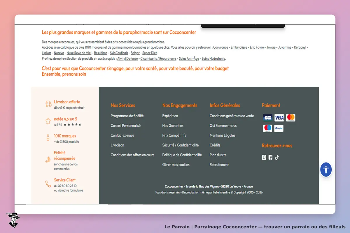 Cocooncenter : informations sur les services, engagements et modes de paiement en bas de page