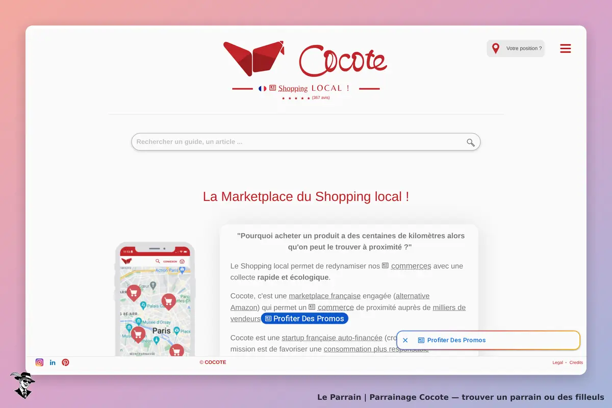 Cocote : page d'accueil présentant un moteur de recherche et une carte des commerces locaux