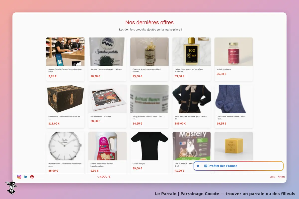 Cocote : page d'accueil présentant des produits variés avec images et prix affichés