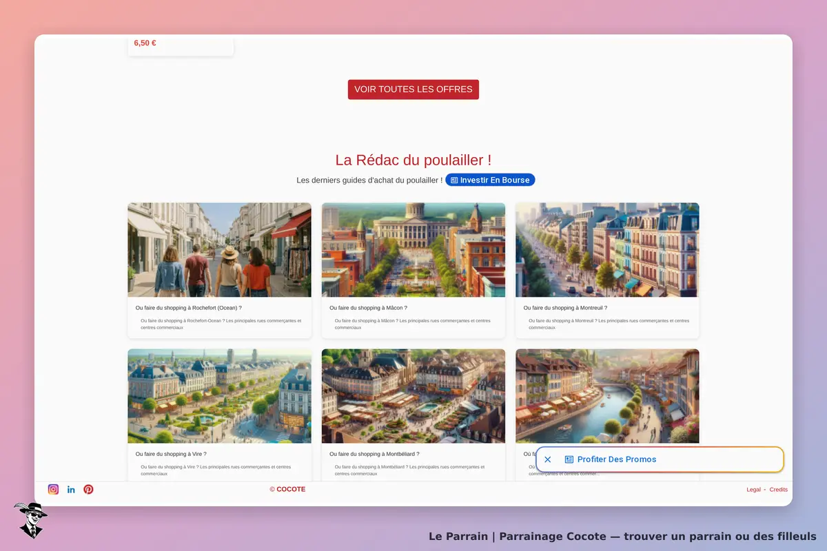 Cocote : page d'accueil présentant des guides de shopping dans différentes villes