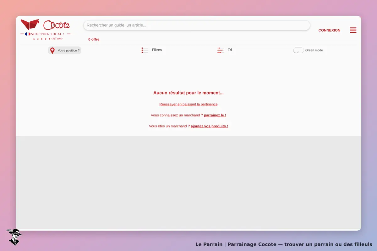 Cocote : page d'accueil affichant un message d'absence de résultats et options de recherche