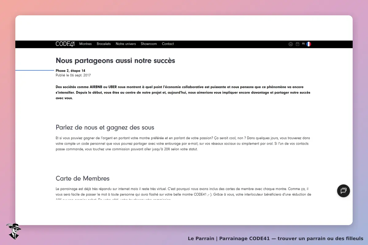 CODE41 : page d'accueil présentant le programme de parrainage et des informations sur la communauté