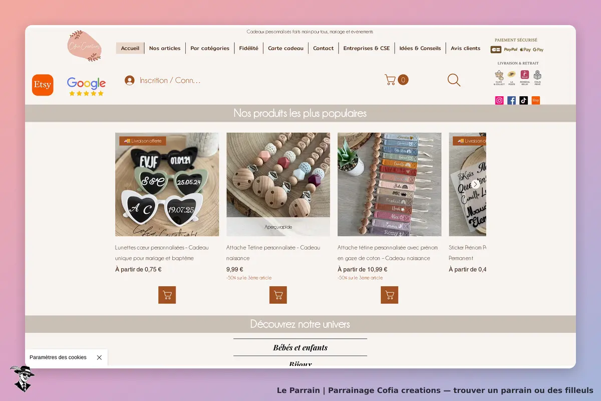 Cofia creations : page d'accueil avec produits populaires et options de personnalisation affichées