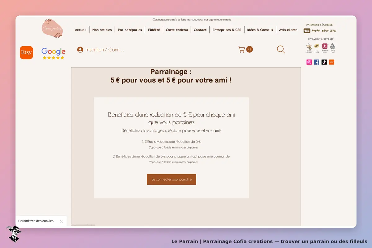 Cofia creations : page de parrainage avec formulaire et informations sur les réductions