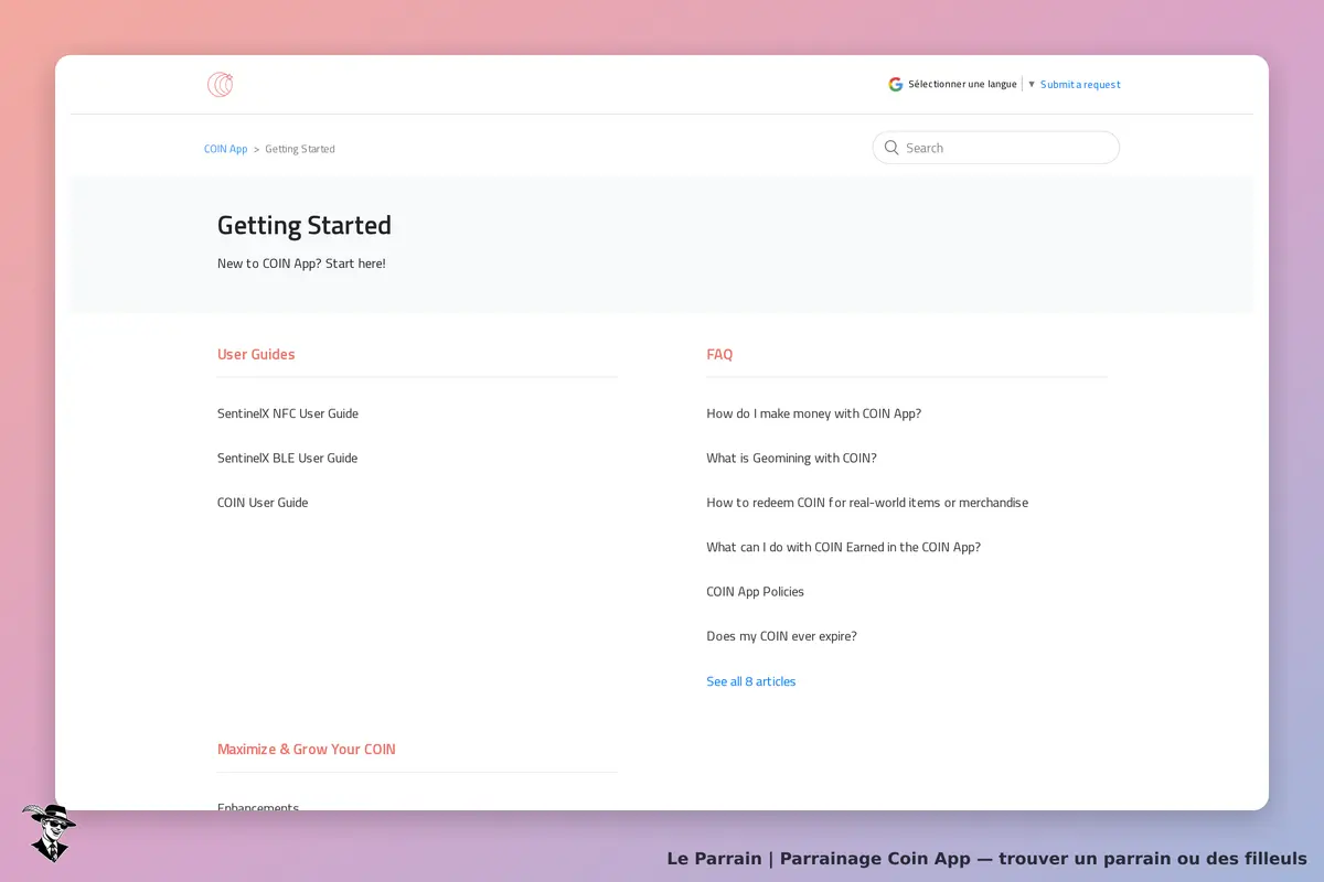 Coin App : page d'accueil avec guides d'utilisation et FAQ pour débuter sur l'application