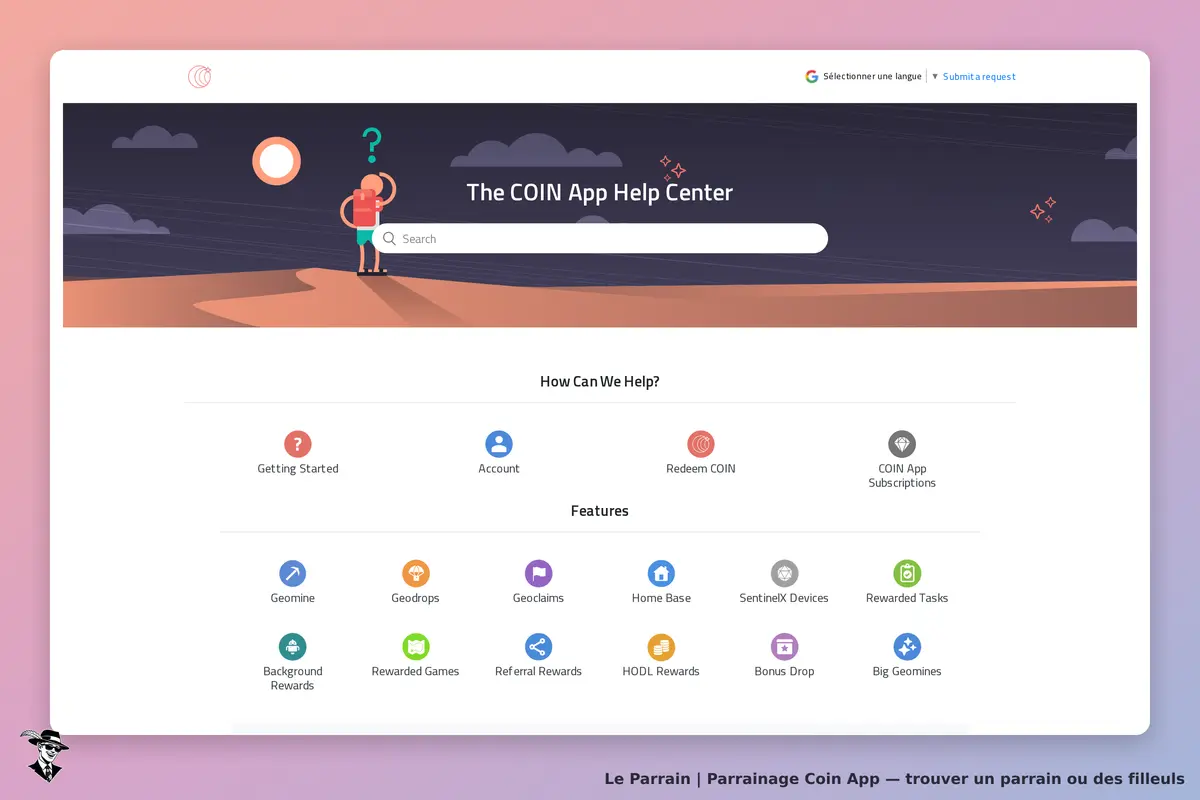 Coin App : page d'accueil du centre d'aide avec recherche et icônes de fonctionnalités