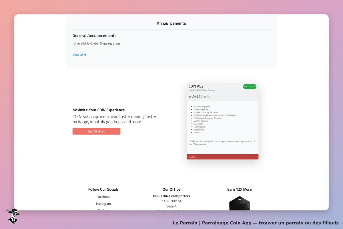 Coin App : page d'accueil avec annonces et détails sur l'abonnement COIN Plus