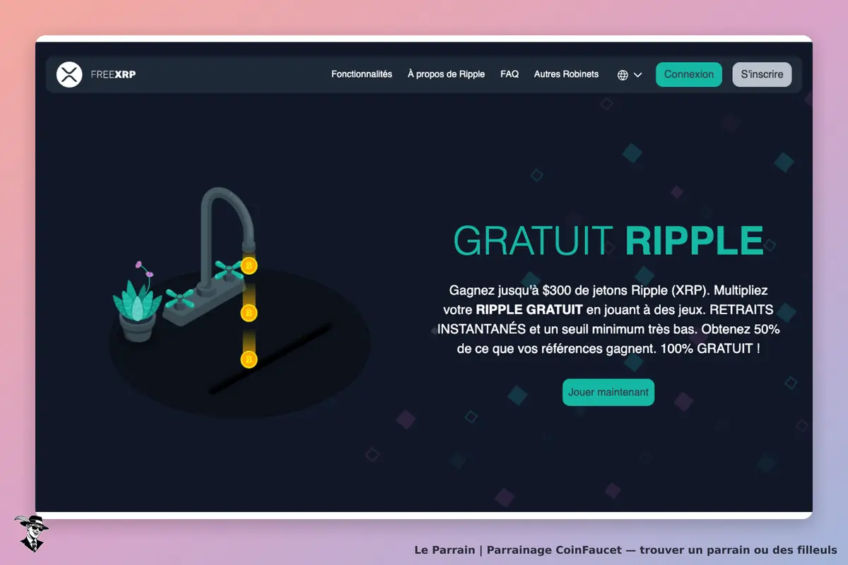 CoinFaucet : page d'accueil présentant un robinet et des jetons Ripple sur fond sombre
