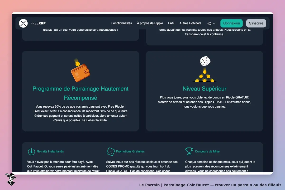 CoinFaucet : page d'accueil avec programme de parrainage et niveaux de récompenses affichés