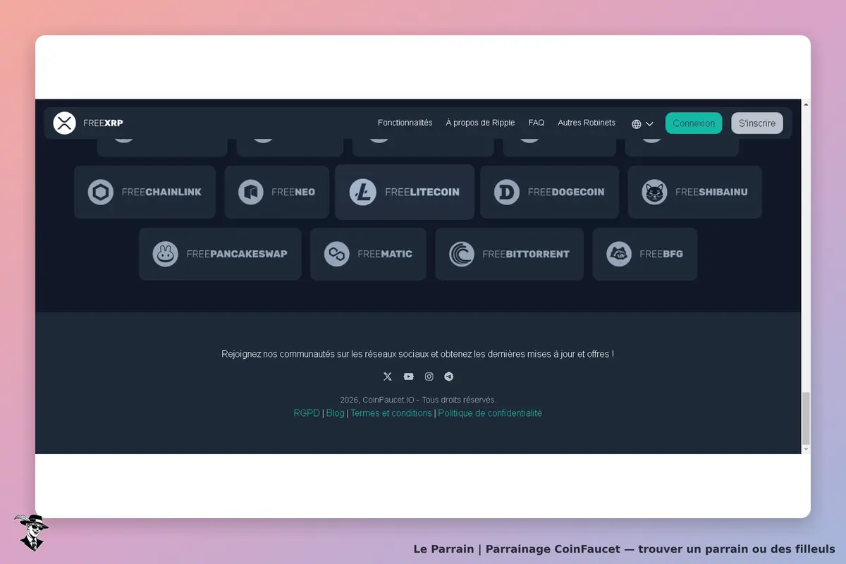 CoinFaucet : page d'accueil avec des offres de cryptomonnaies et options de connexion