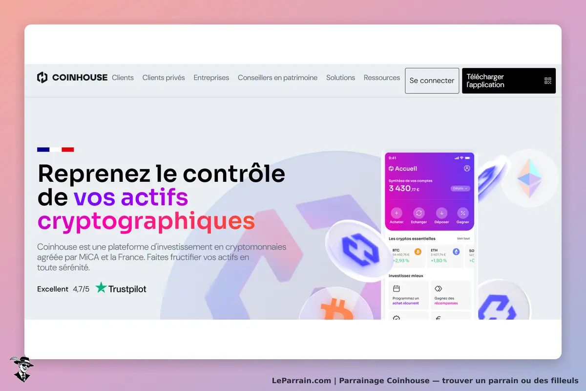 Coinhouse : page d'accueil avec un message sur le contrôle des actifs cryptographiques