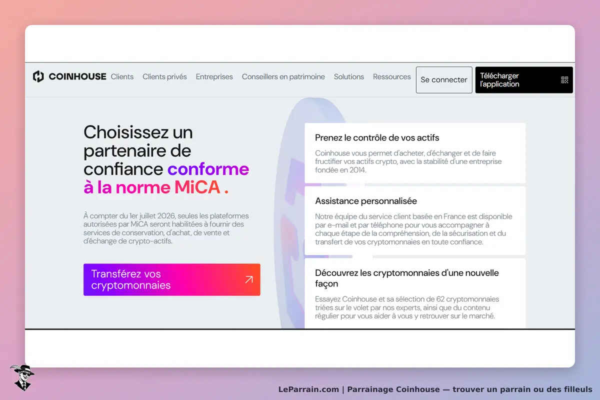 Coinhouse : page d'accueil présentant des services liés aux cryptomonnaies et un bouton de