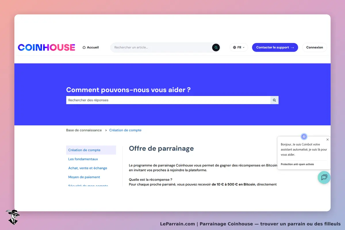 Coinhouse : page d'accueil avec formulaire de recherche et section sur le parrainage