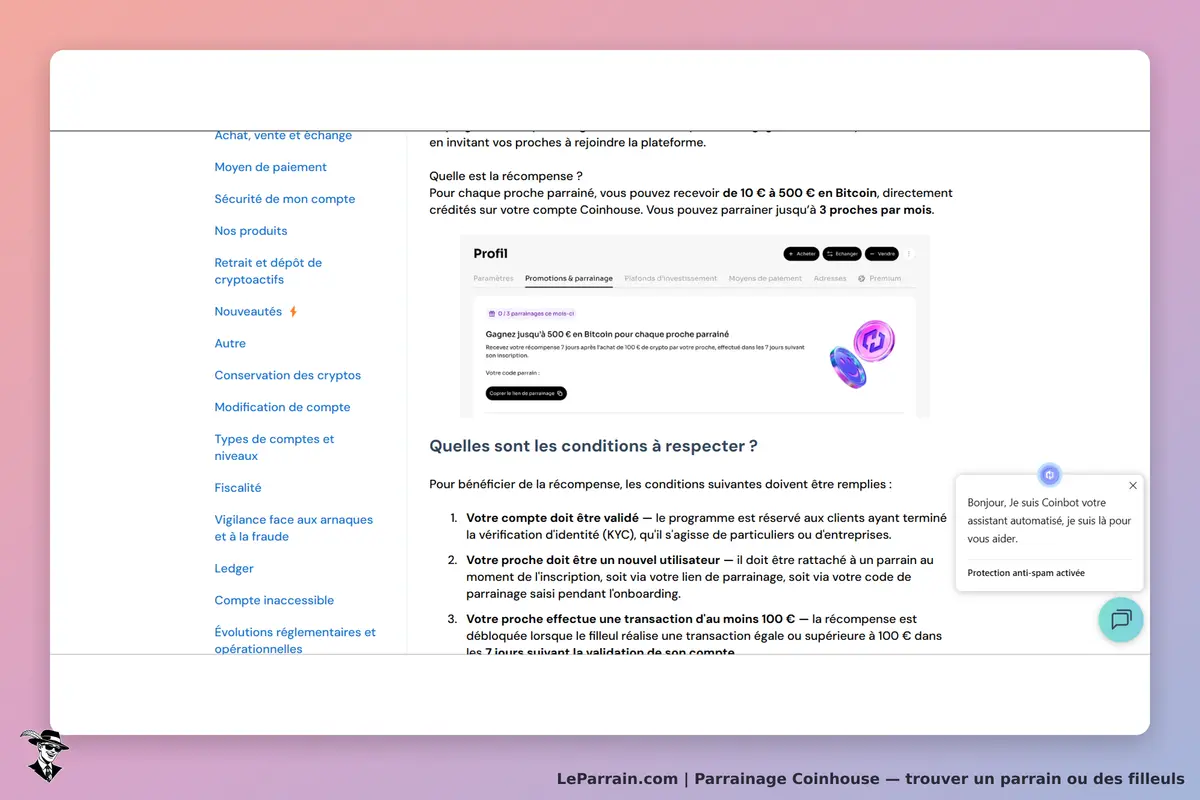 Coinhouse : page sur le parrainage avec conditions et informations sur les récompenses