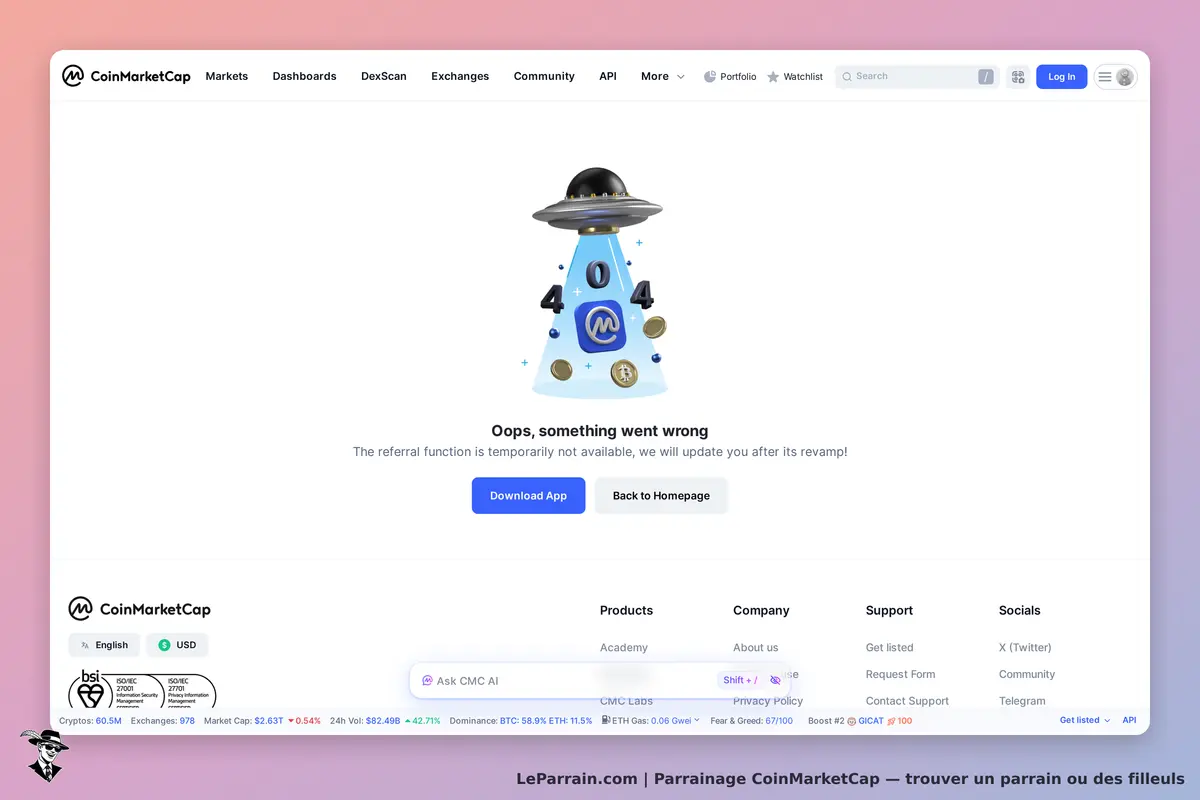 CoinMarketCap : page d'erreur 404 avec un vaisseau spatial et un message d'indisponibilité