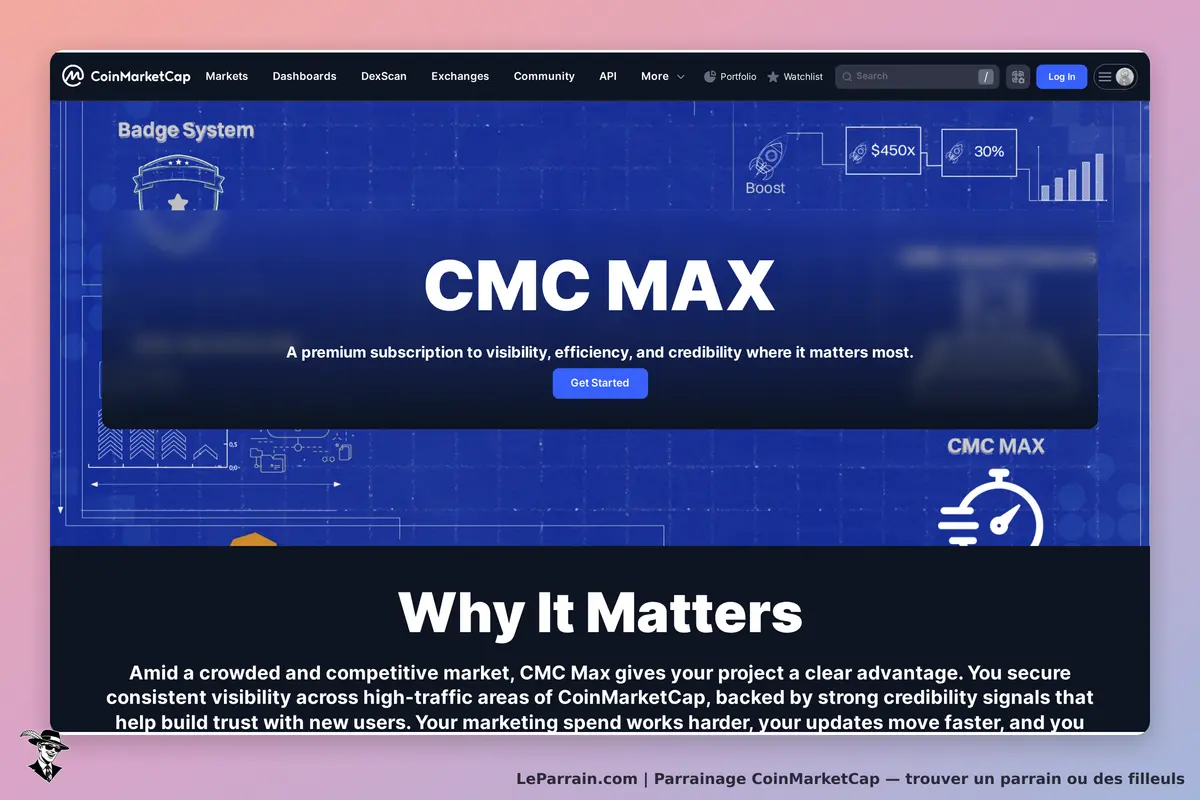 CoinMarketCap : page présentant CMC Max, un abonnement premium pour la visibilité et l'efficacité