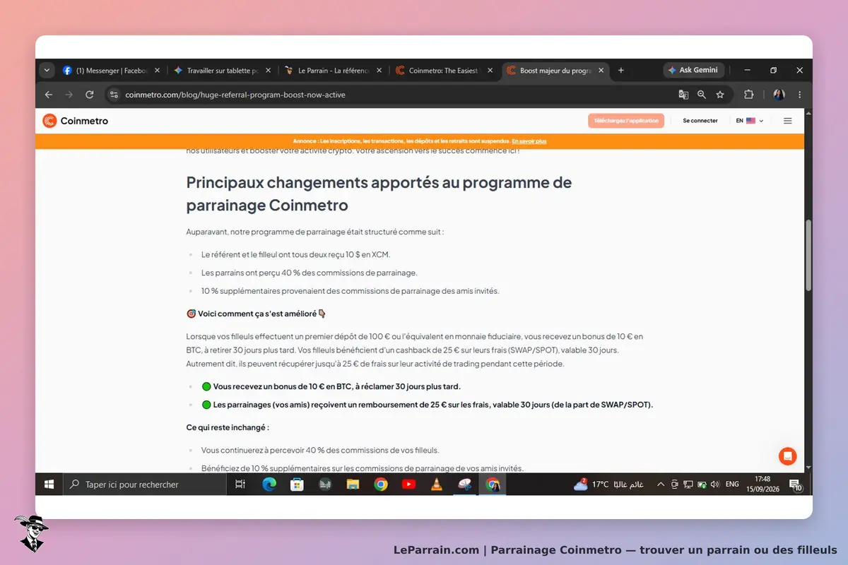 Coinmetro : page expliquant les changements du programme de parrainage avec détails en texte