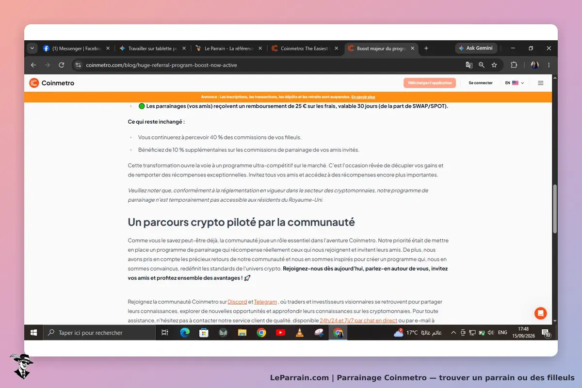 Coinmetro : page d'accueil présentant des informations sur le programme de parrainage