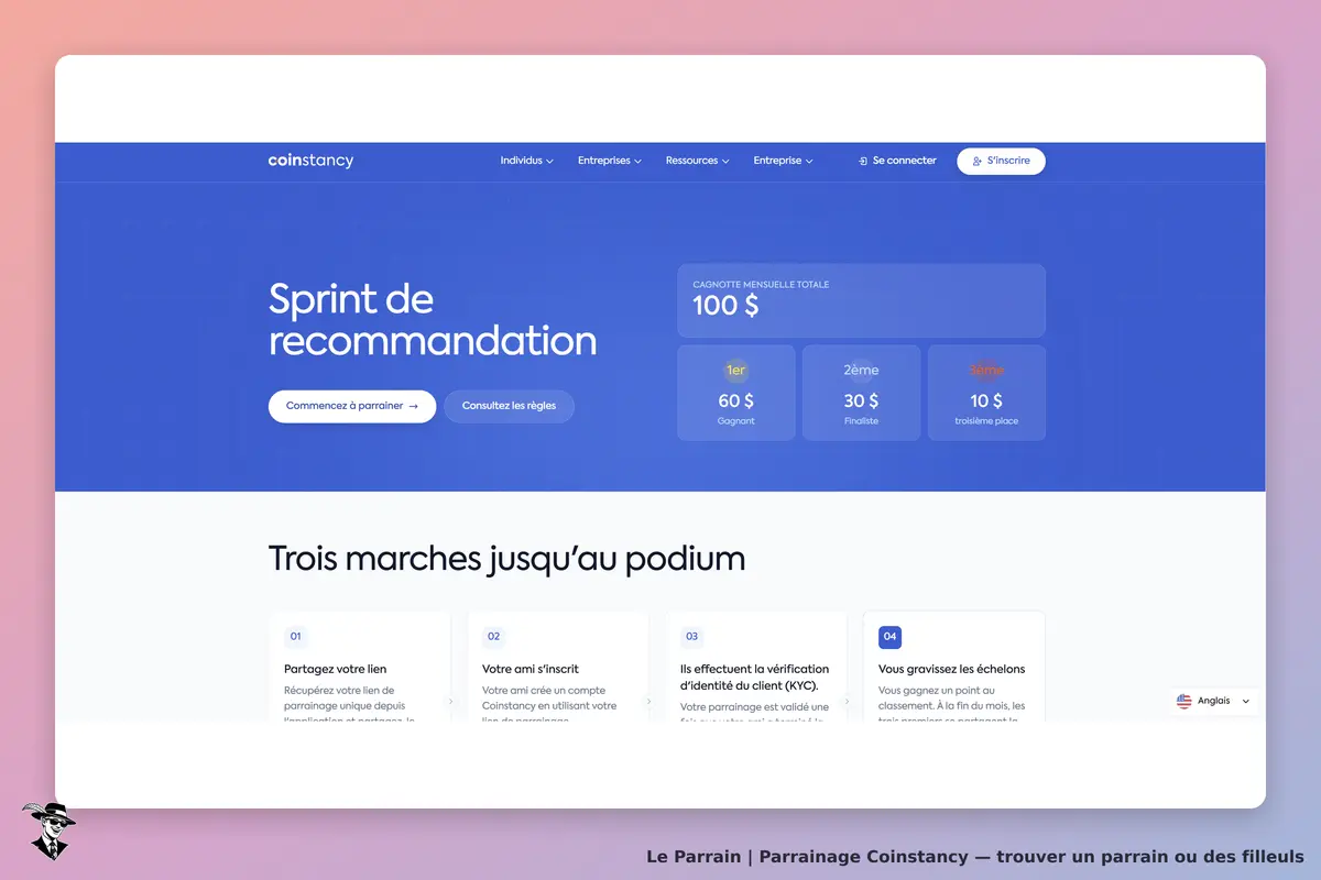 Coinstancy : page d'accueil avec un sprint de recommandation et trois étapes à suivre