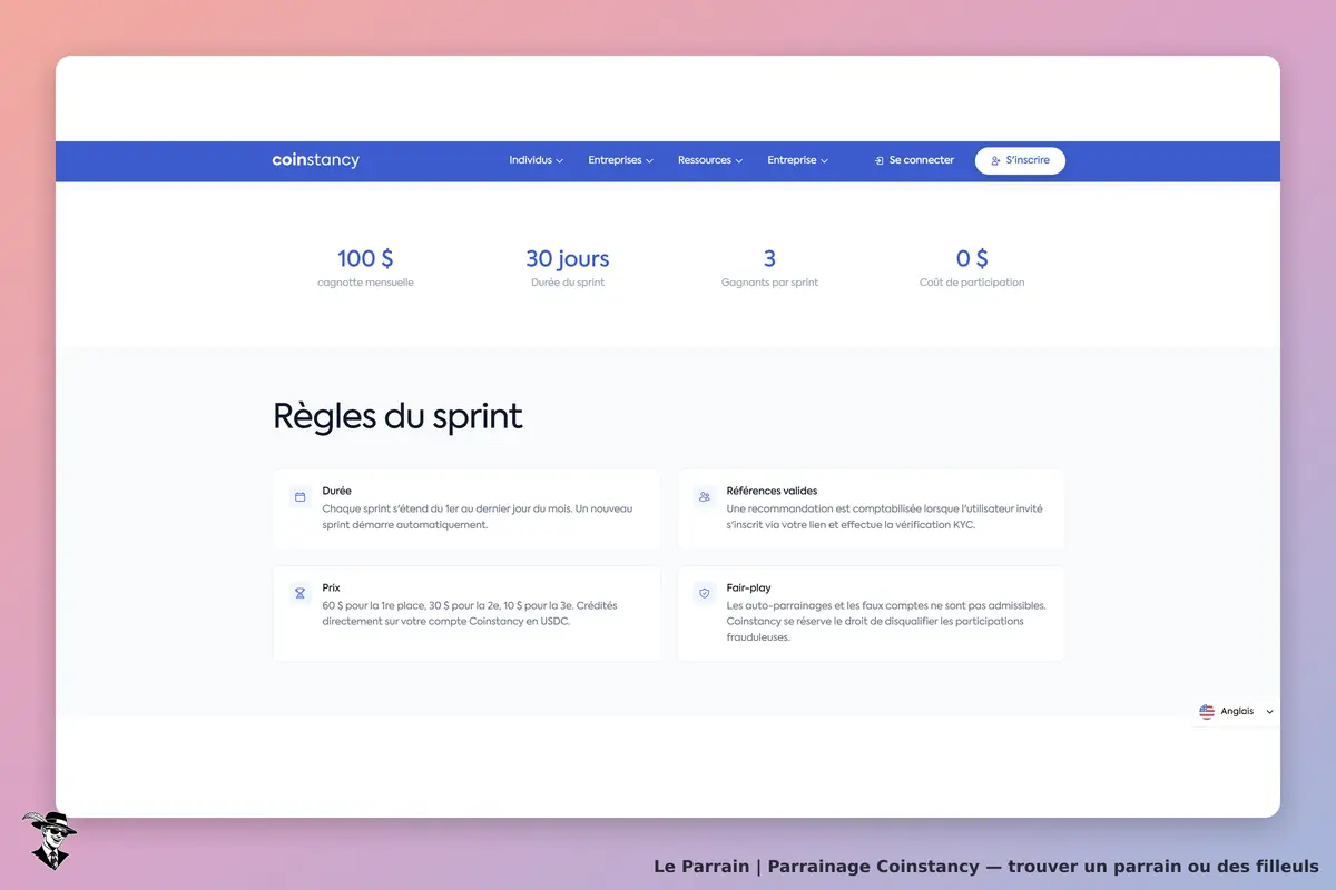 Coinstancy : règles du sprint avec durée, prix et références valides sur fond clair