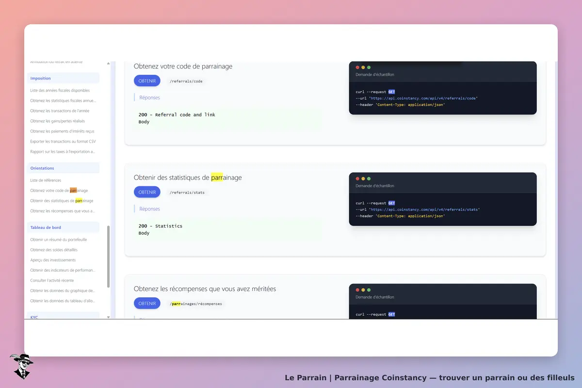 Coinstancy : page d'accueil avec options de parrainage et exemples de requêtes API