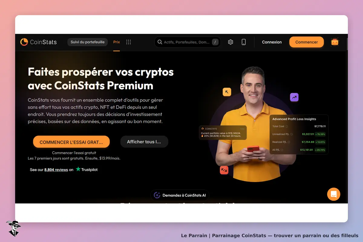 CoinStats : page d'accueil présentant un homme souriant avec un smartphone et des outils de gestion