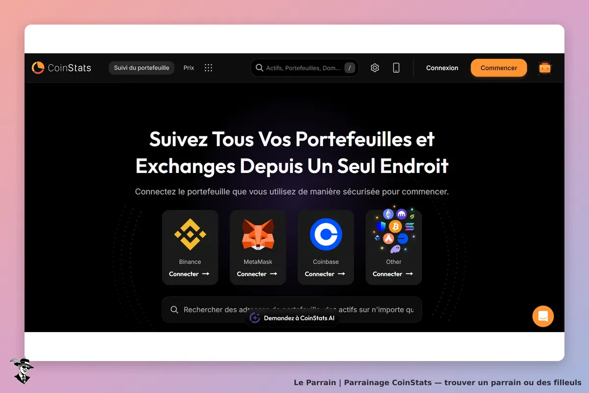 CoinStats : page d'accueil avec options de connexion pour divers portefeuilles et échanges