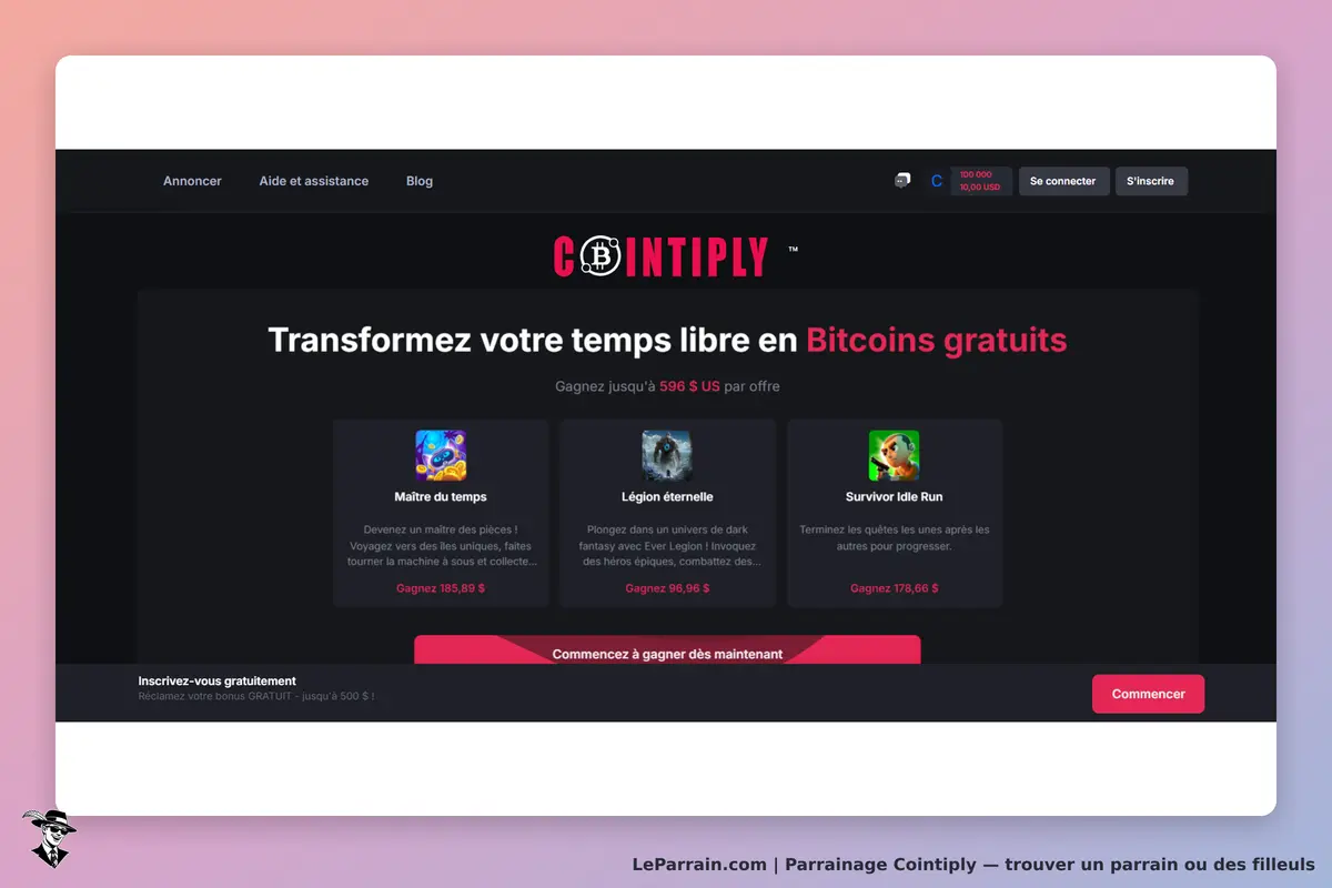 Cointiply : page d'accueil présentant des jeux pour gagner des Bitcoins gratuits
