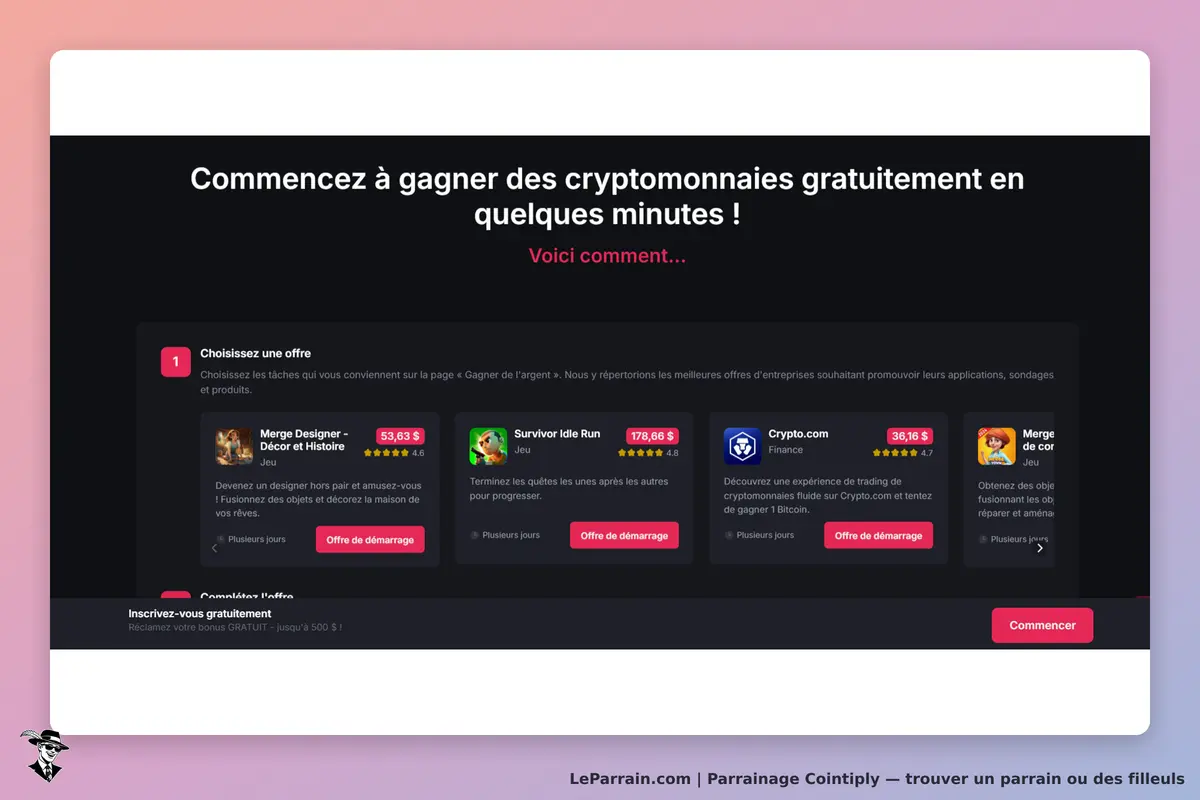 Cointiply : page d'accueil avec offres de jeux et finance pour gagner des cryptomonnaies