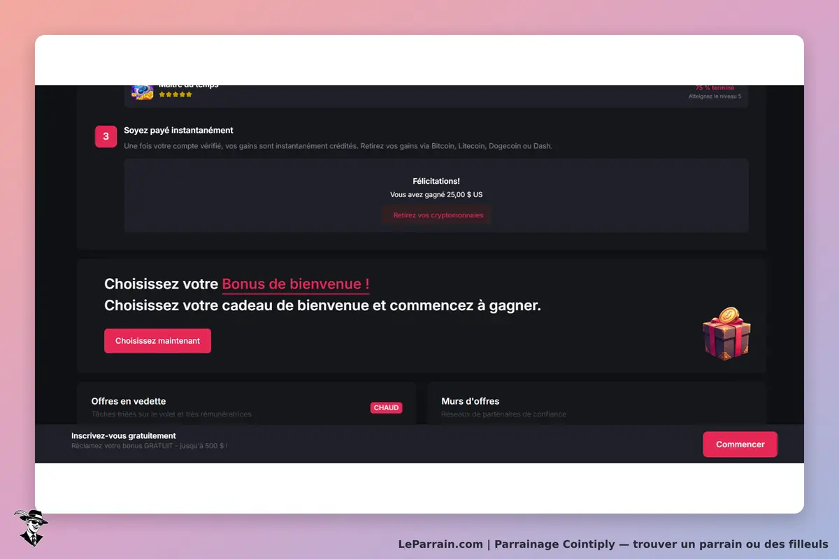 Cointiply : page d'accueil avec options de bonus et retrait de cryptomonnaies