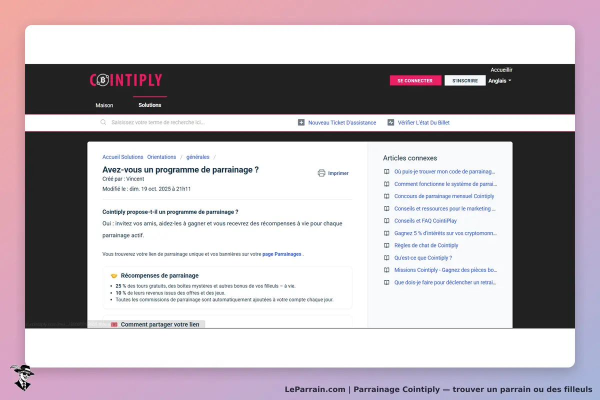 Cointiply : page d'accueil avec des informations sur le programme de parrainage