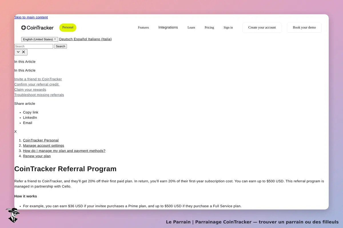 CoinTracker : page d'accueil avec informations sur le programme de parrainage et options de partage