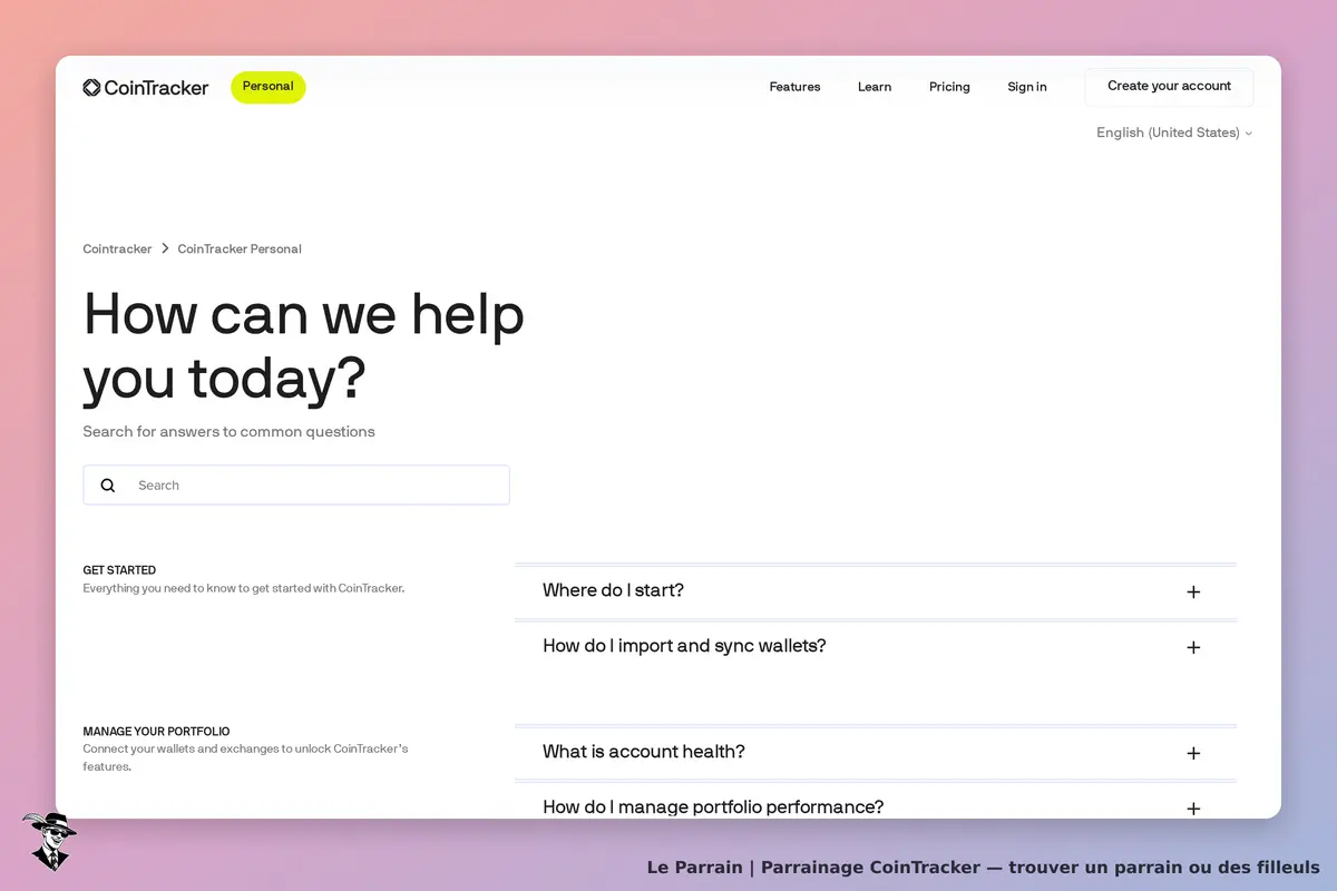 CoinTracker : page d'accueil avec un formulaire de recherche et des questions fréquentes