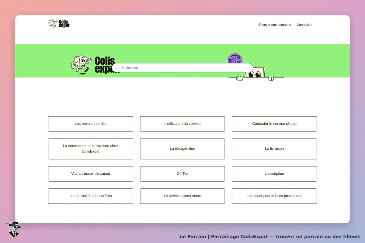 ColisExpat : page d'accueil avec un formulaire de recherche et des options de service affichées
