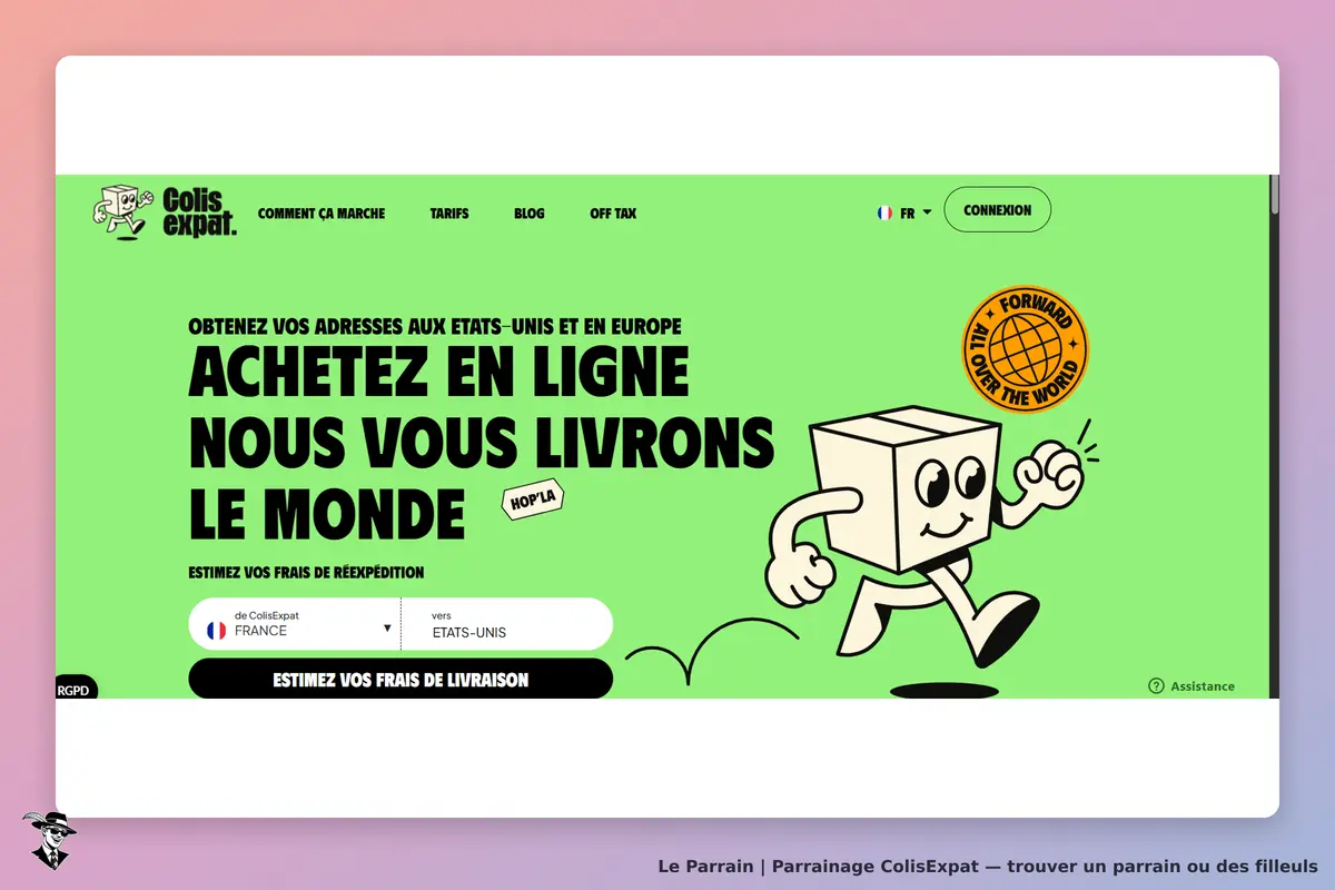 ColisExpat : page d'accueil avec un formulaire pour estimer les frais de réexpédition