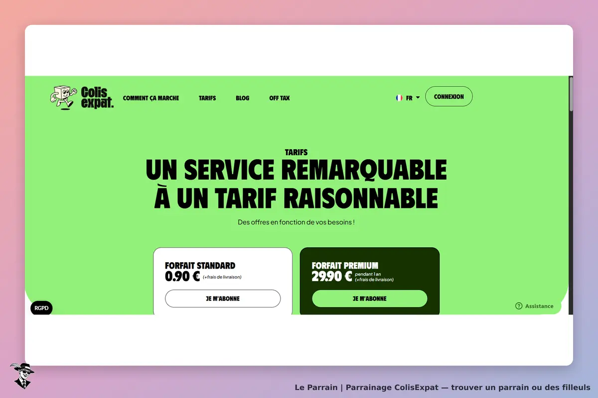 ColisExpat : page d'accueil affichant des forfaits d'abonnement et un message promotionnel