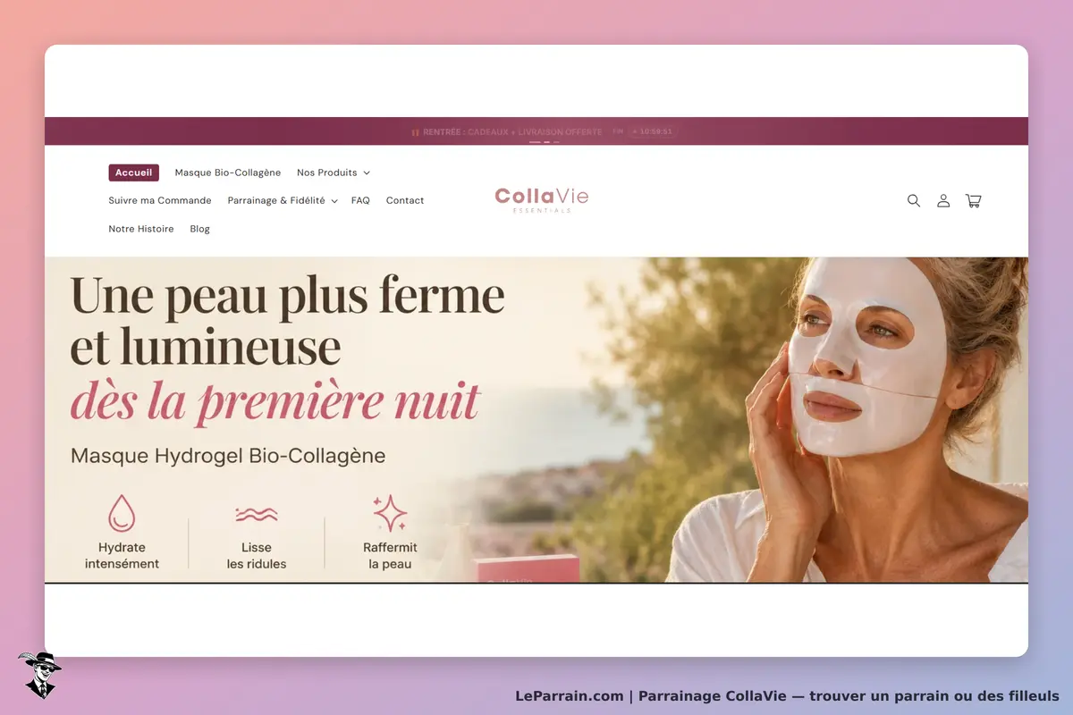 CollaVie : page d'accueil présentant un masque hydrogel bio-collagène sur un modèle