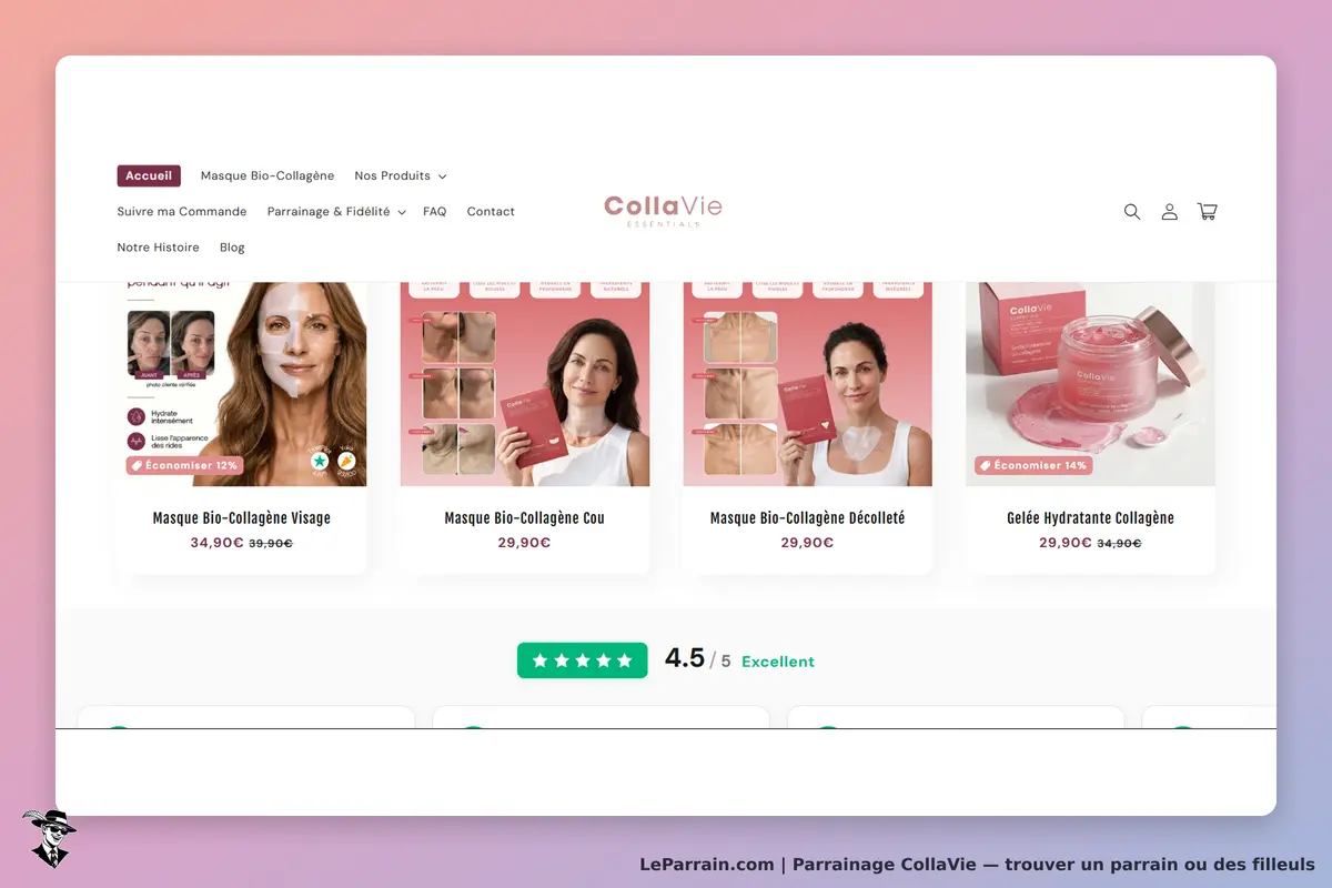 CollaVie : page d'accueil avec produits de soins et évaluations clients affichées