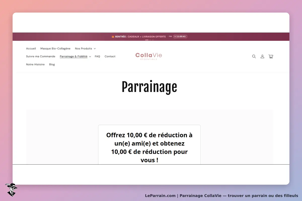 CollaVie : page d'accueil avec section sur le parrainage et message promotionnel