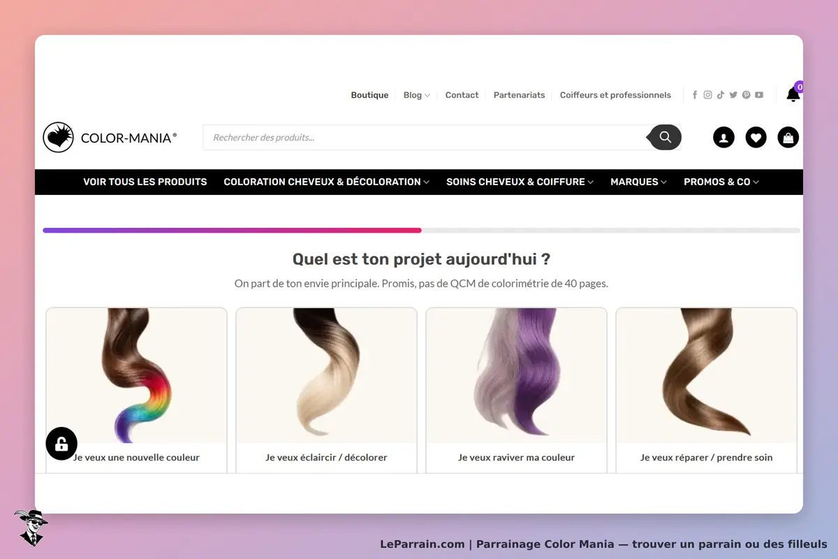 Color Mania : page d'accueil avec options de projet pour la coloration des cheveux