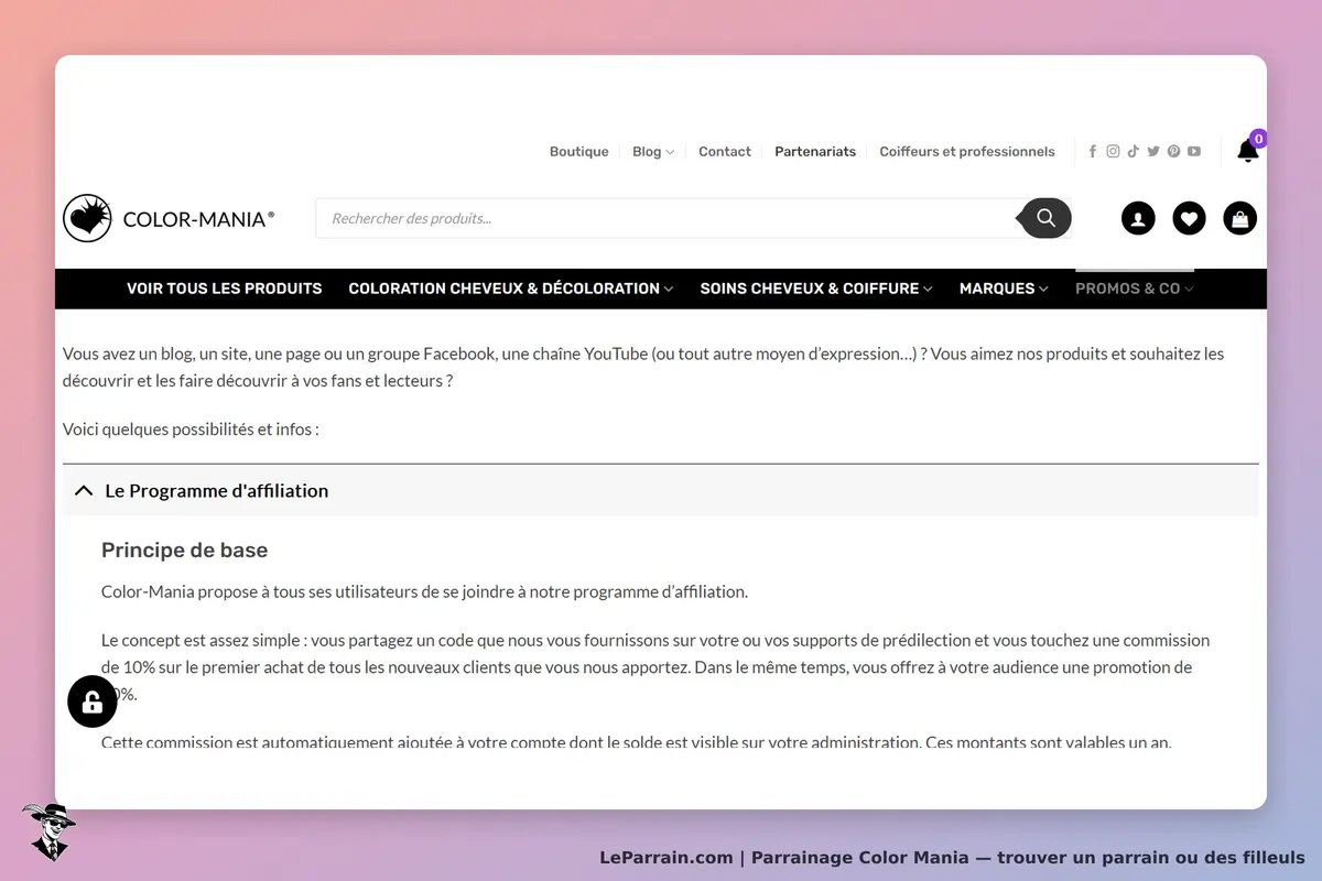 Color Mania : page d'accueil avec informations sur le programme d'affiliation