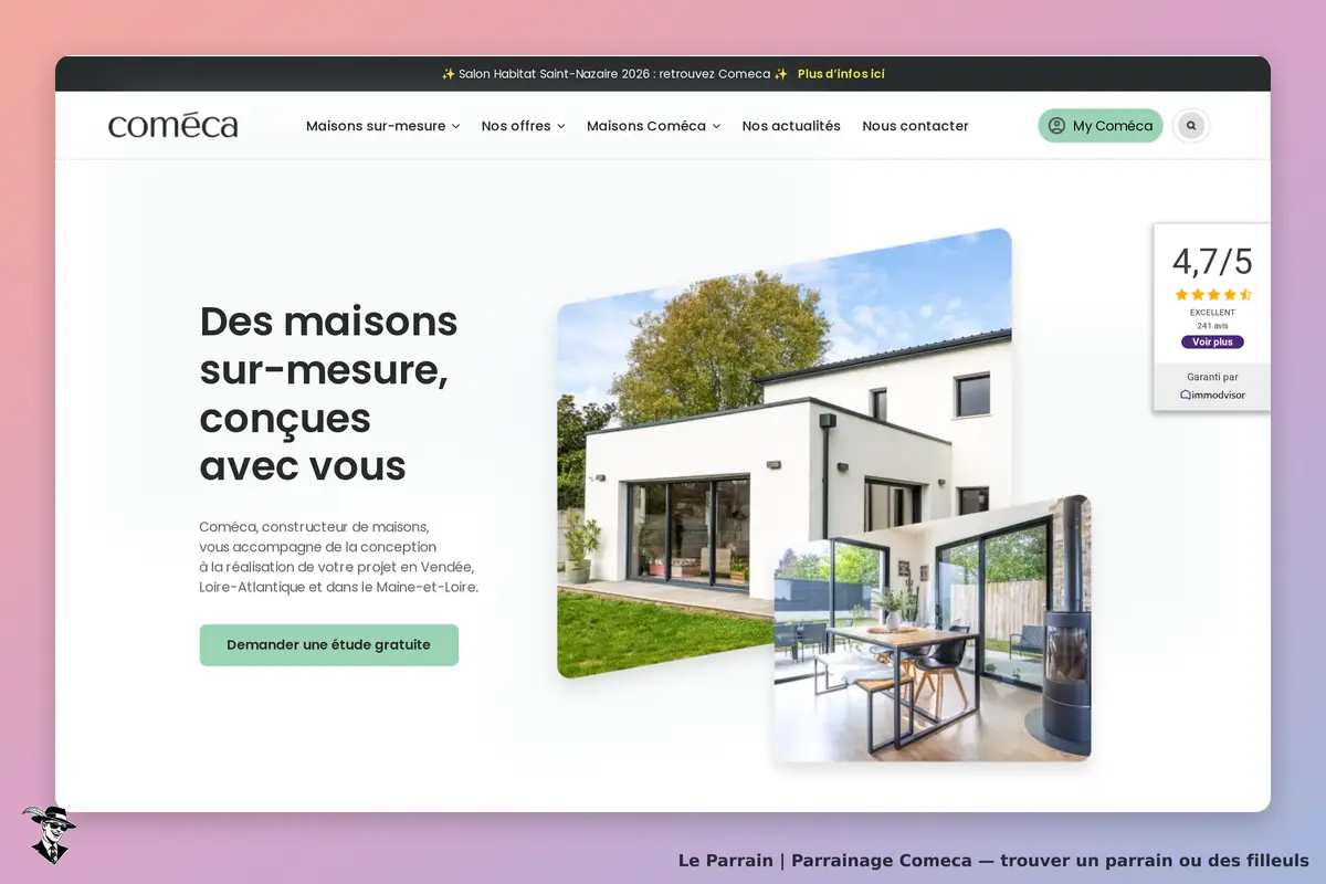 Comeca : page d'accueil présentant des maisons sur mesure et un aperçu d'une maison moderne