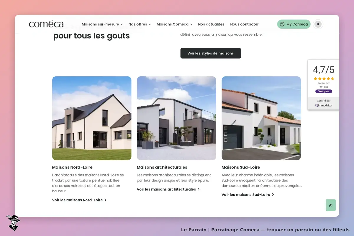 Comeca : page d'accueil présentant différents styles de maisons avec images et descriptions