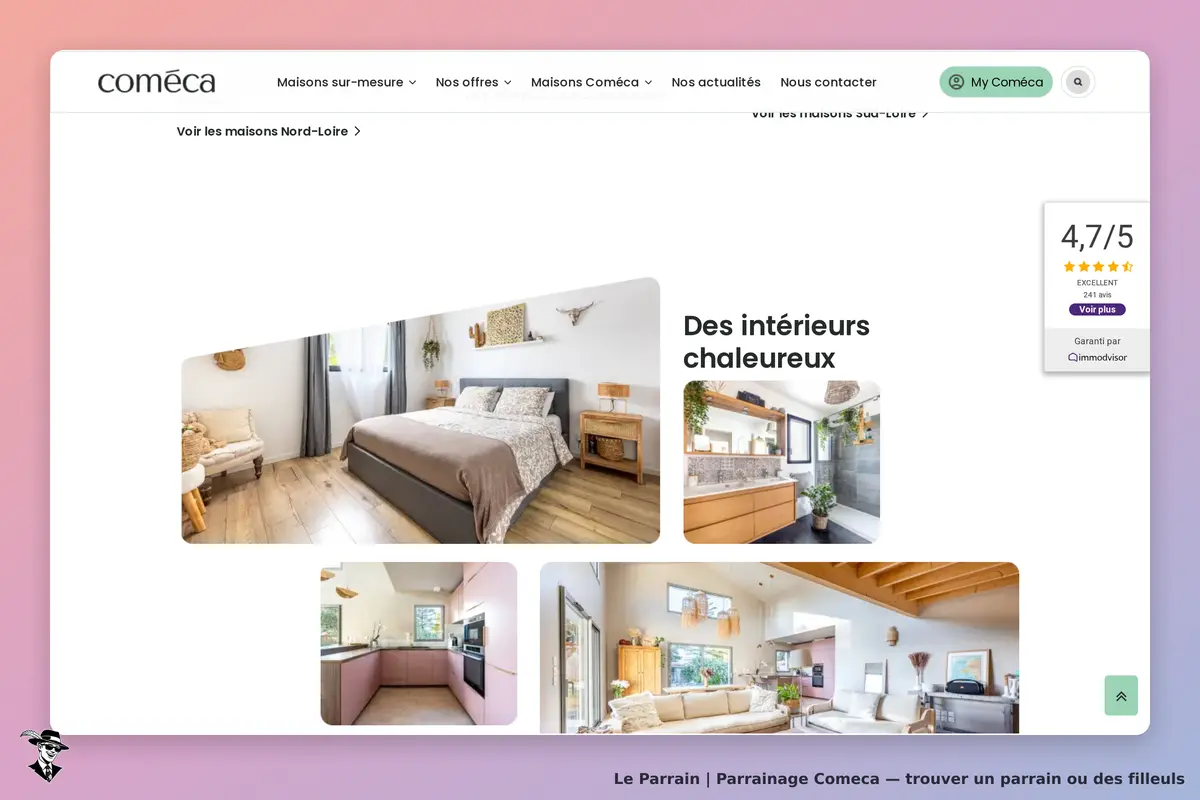 Comeca : page d'accueil avec des images de maisons et un texte sur des intérieurs chaleureux