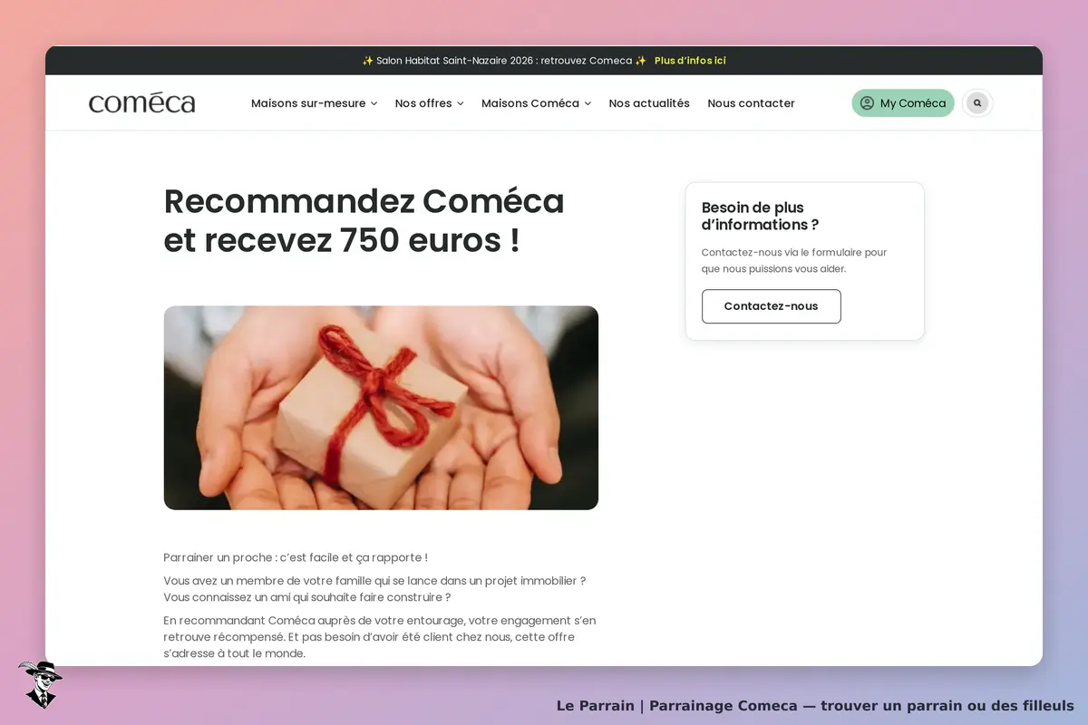 Comeca : page d'accueil avec un cadeau dans des mains et un message de parrainage
