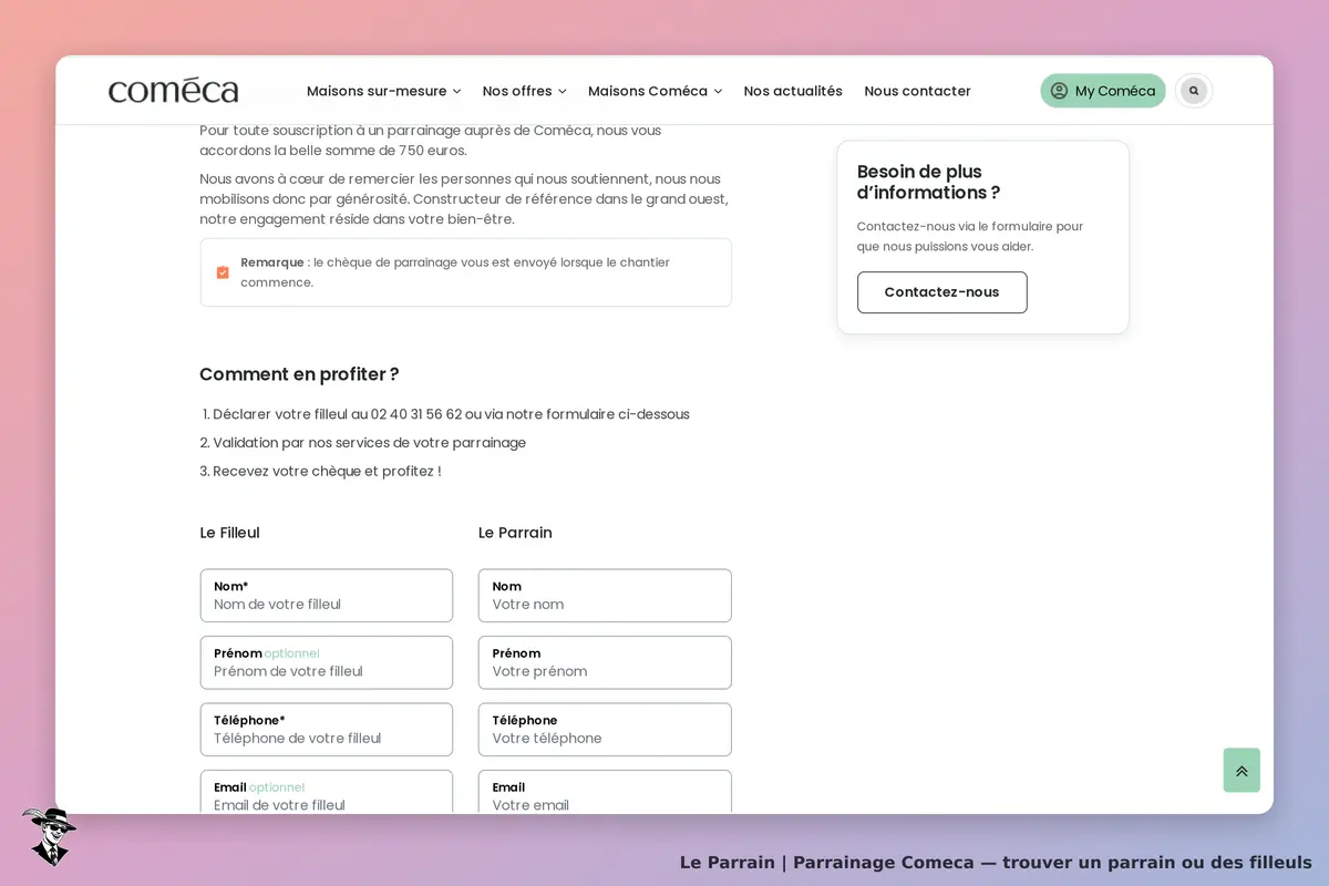 Comeca : formulaire de parrainage avec instructions et champs pour le filleul et le parrain